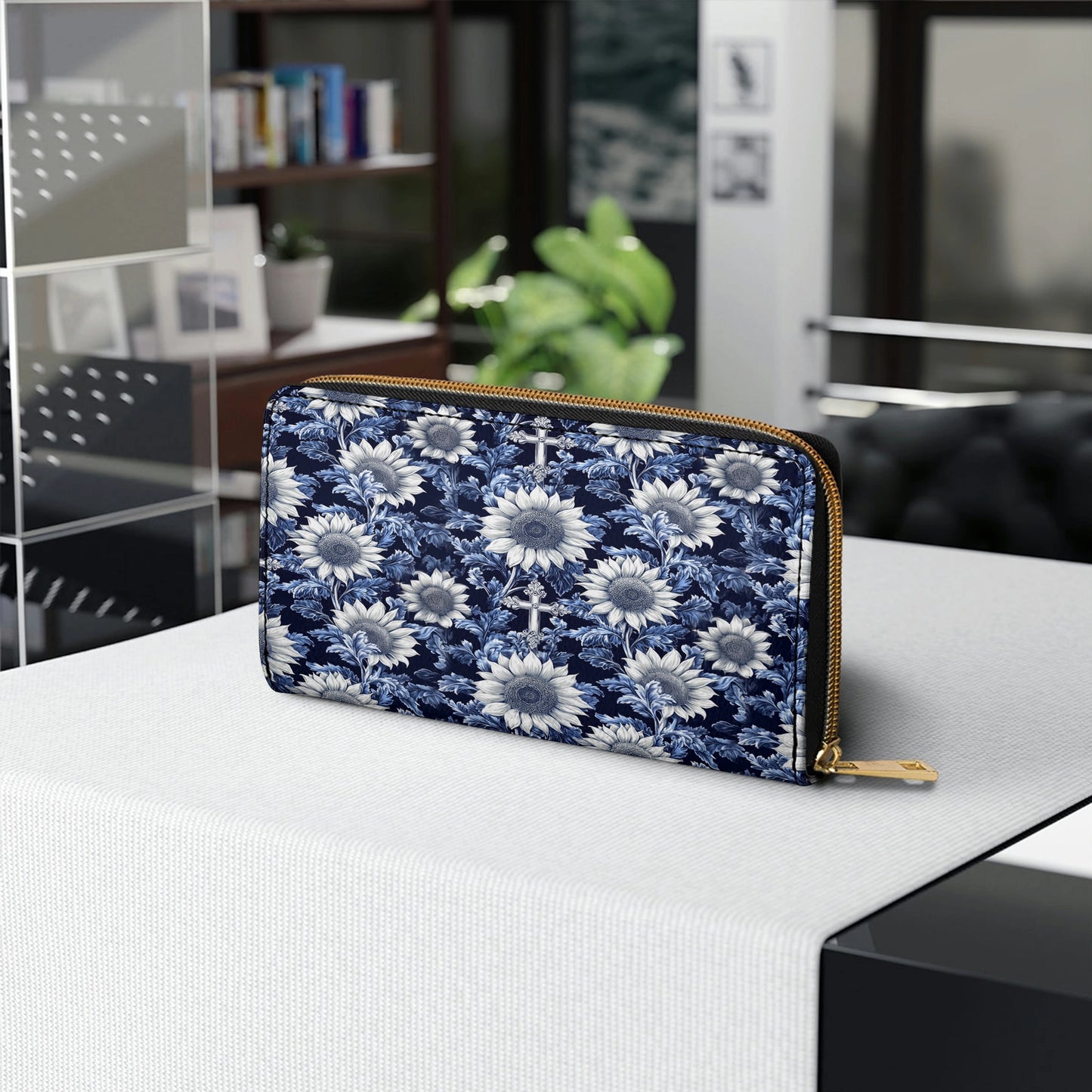 Shineful Leather Clutch Purse With Wristlet Strap Handle Midnight Blue Sunflower Cross