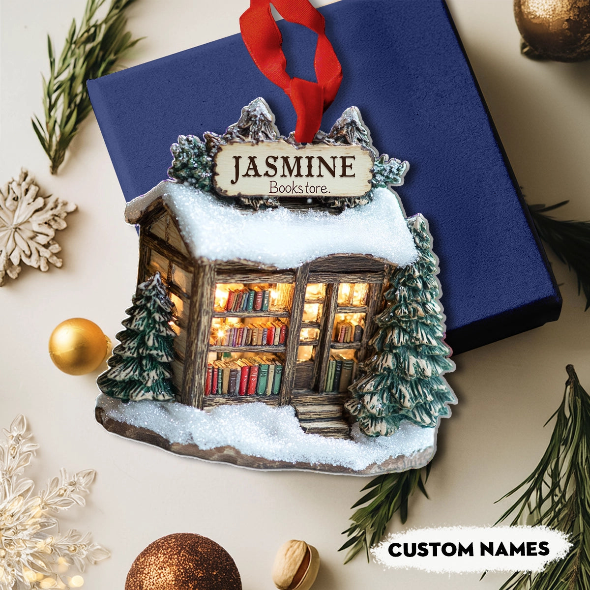 Shineful 2D Acrylic Ornament Personalized Winter Wonderland Bookstore