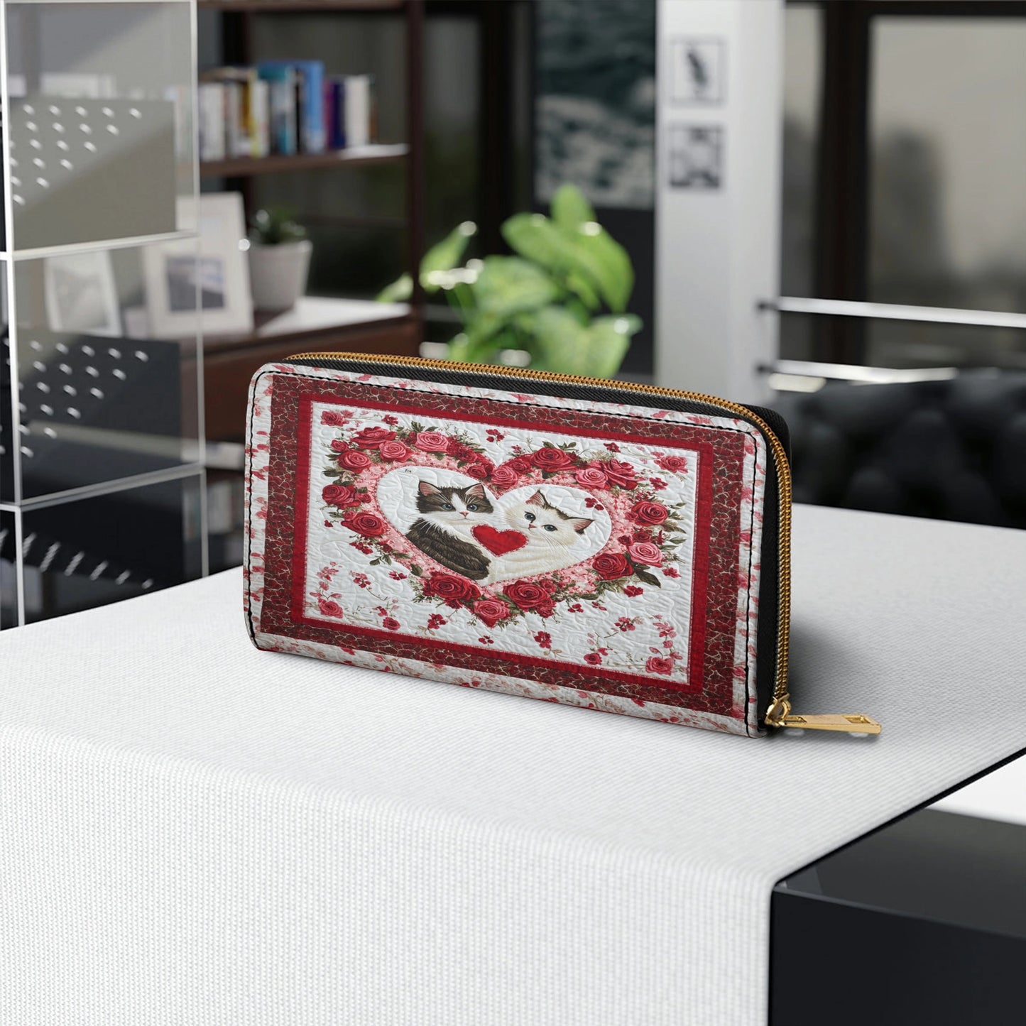 Shineful Leather Clutch Purse With Wristlet Strap Handle Feline Heart Charm