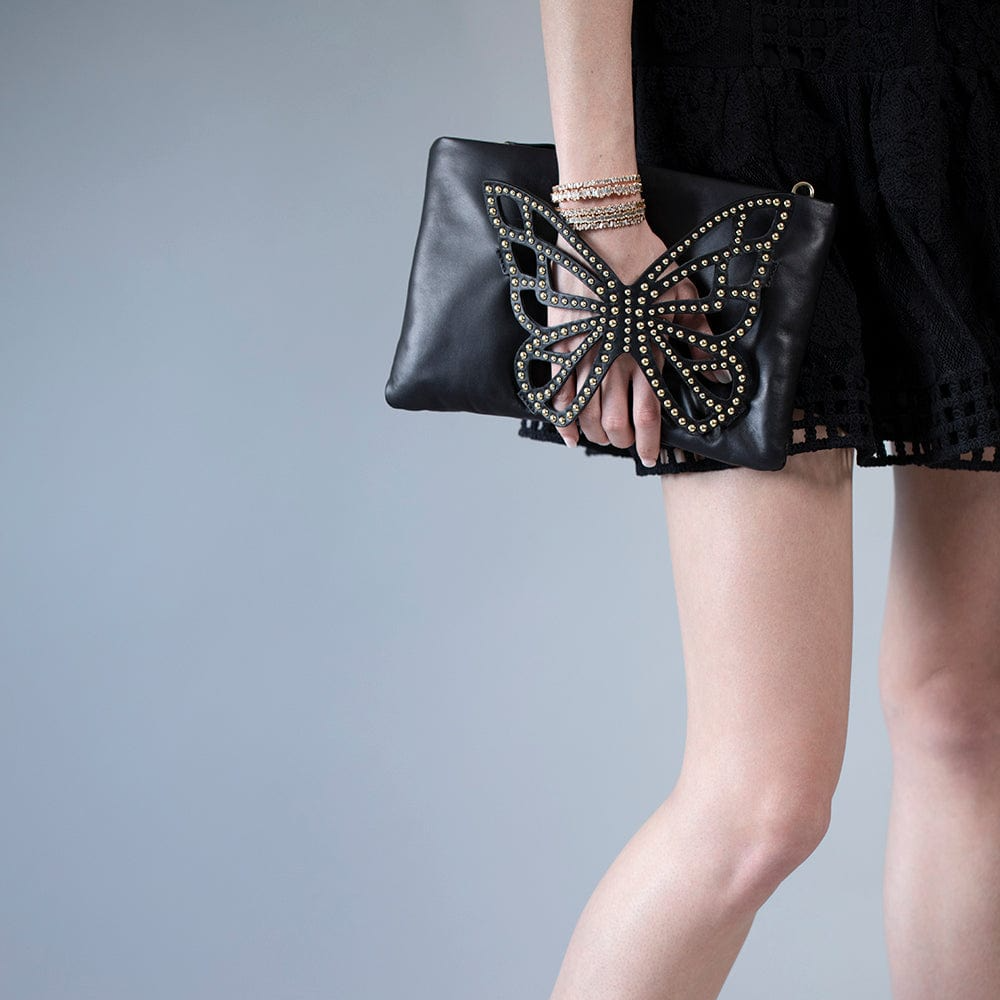 Shineful Flossy Black Soft Leather Clutch Crossbody Bag