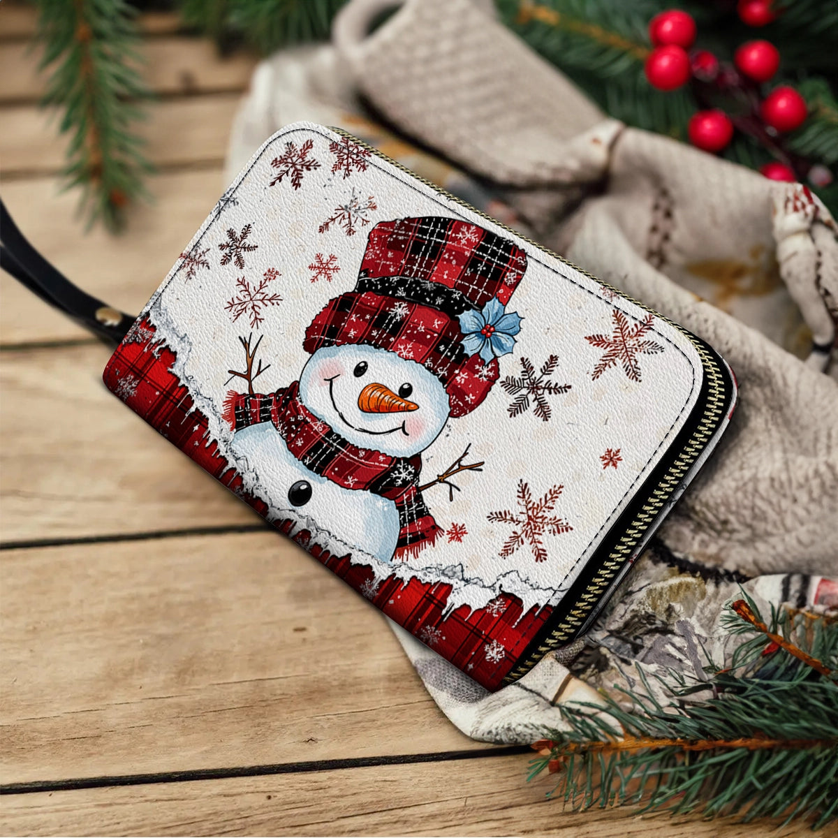 Shineful Leather Clutch Purse With Wristlet Strap Handle Plaid Snowman Joy