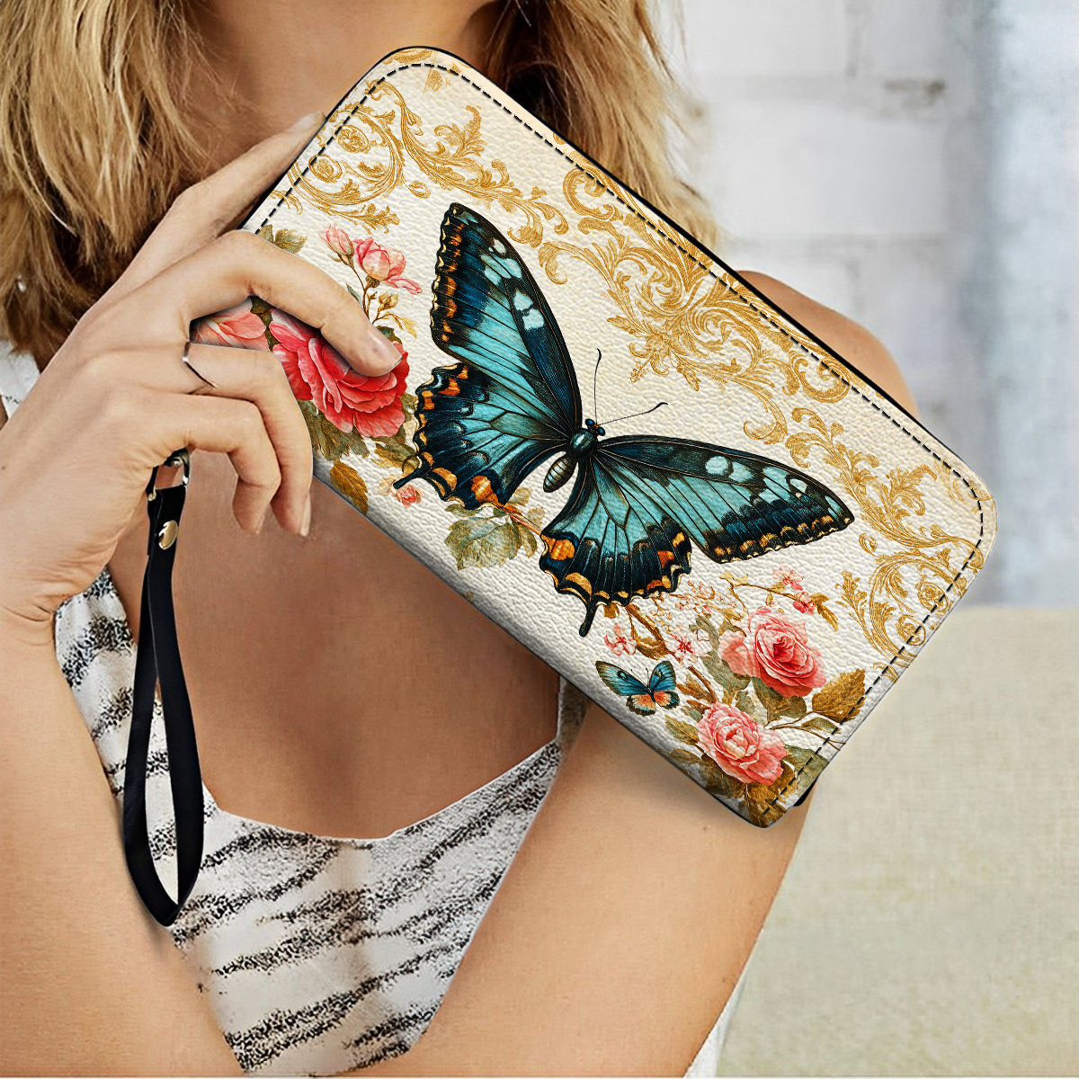 Shineful Leather Clutch Purse With Wristlet Strap Handle Butterfly Rose Whisper