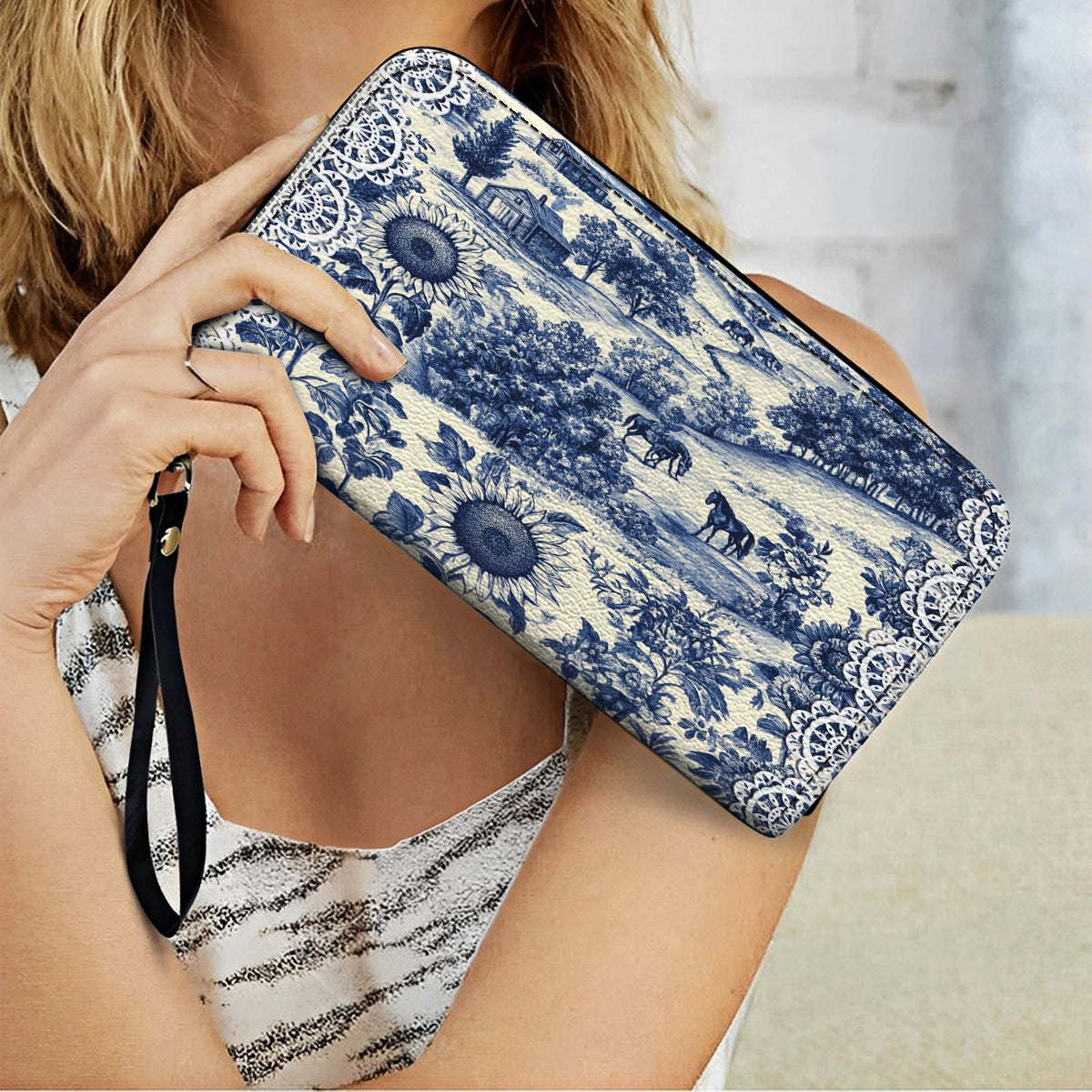 Shineful Leather Clutch Purse With Wristlet Strap Handle Texas Countryside Bloom