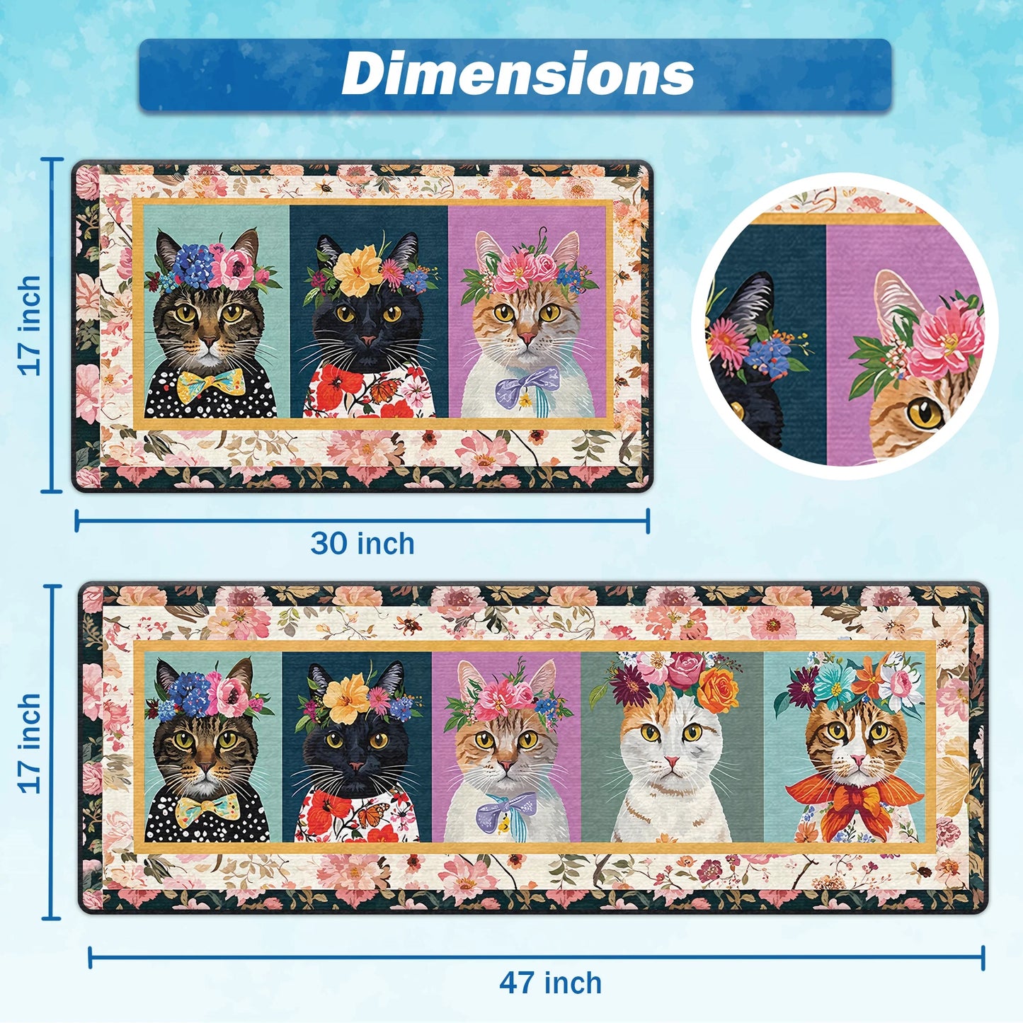 Shineful Ultra-Thin Non Skid Floor Mat, Kitchen Rugs Floral Cat Fantasy