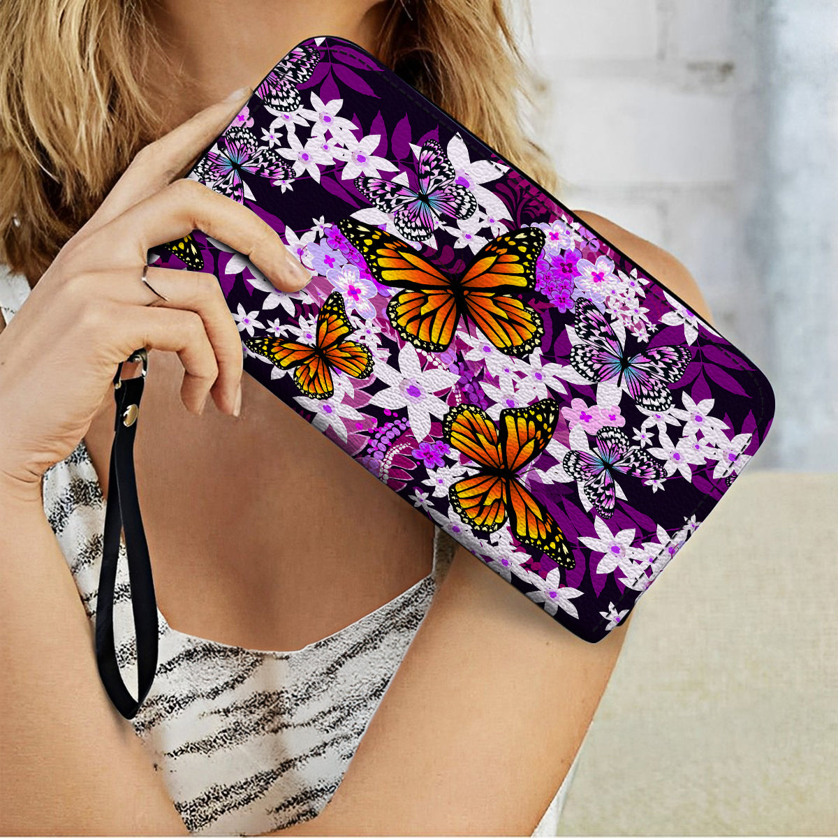 Shineful Leather Clutch Purse With Wristlet Strap Handle Monarch And Milkweed
