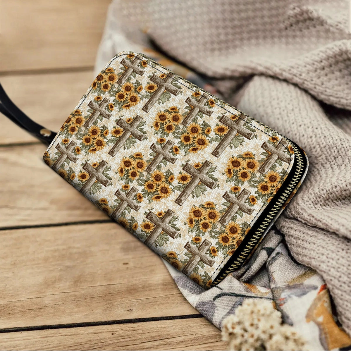 Shineful Leather Clutch Purse With Wristlet Strap Handle Rustic Sunflower Cross