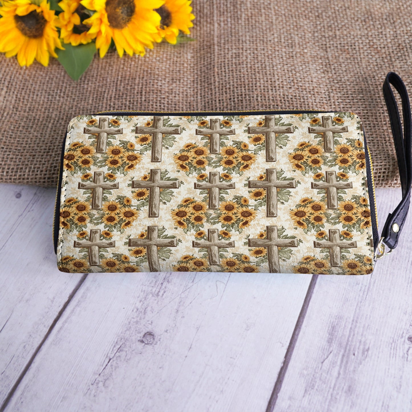 Shineful Leather Clutch Purse With Wristlet Strap Handle Rustic Sunflower Cross