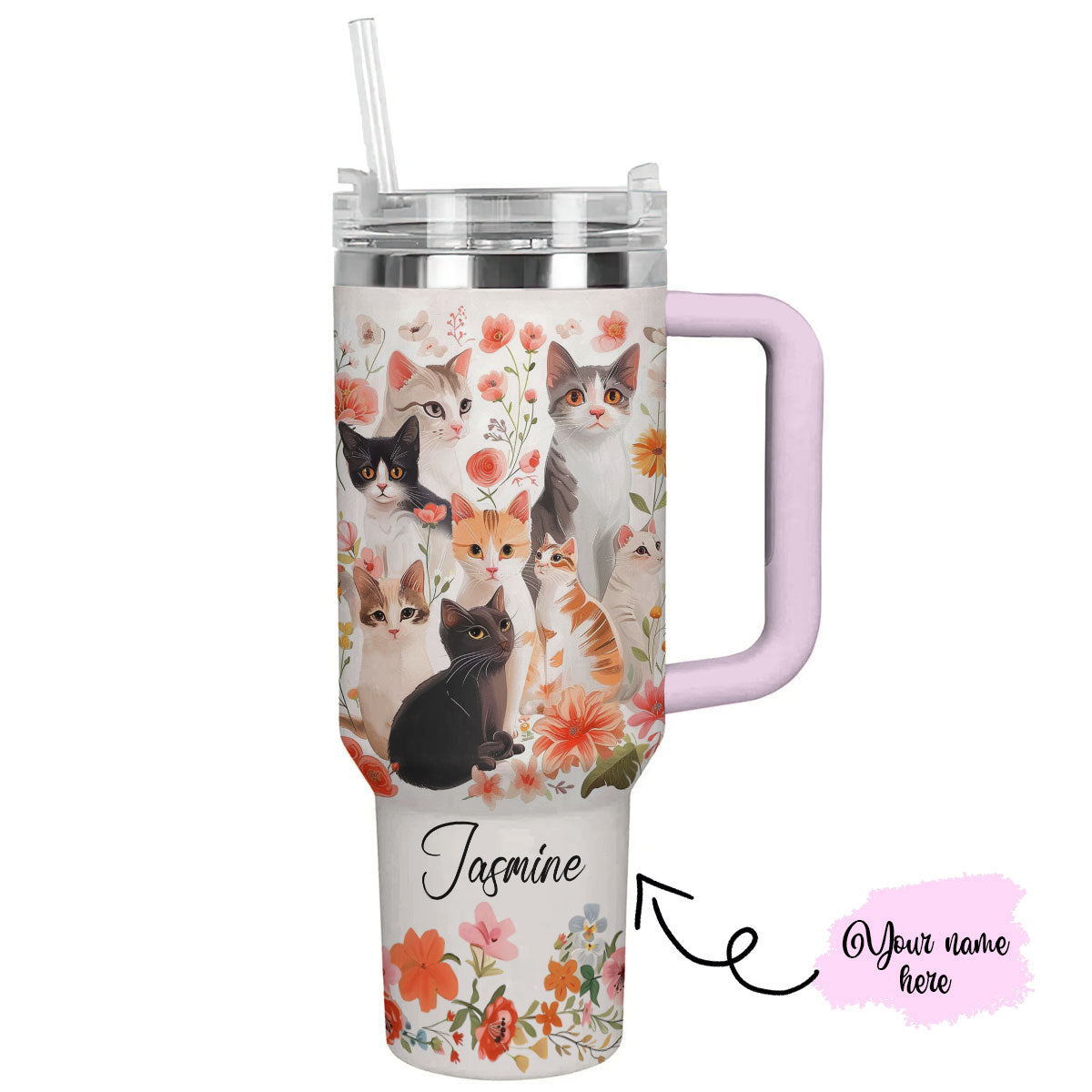 Cat 40 Oz Personalized Shineful™ Tumbler Floral Cats Lk8 Light Pink 40Oz