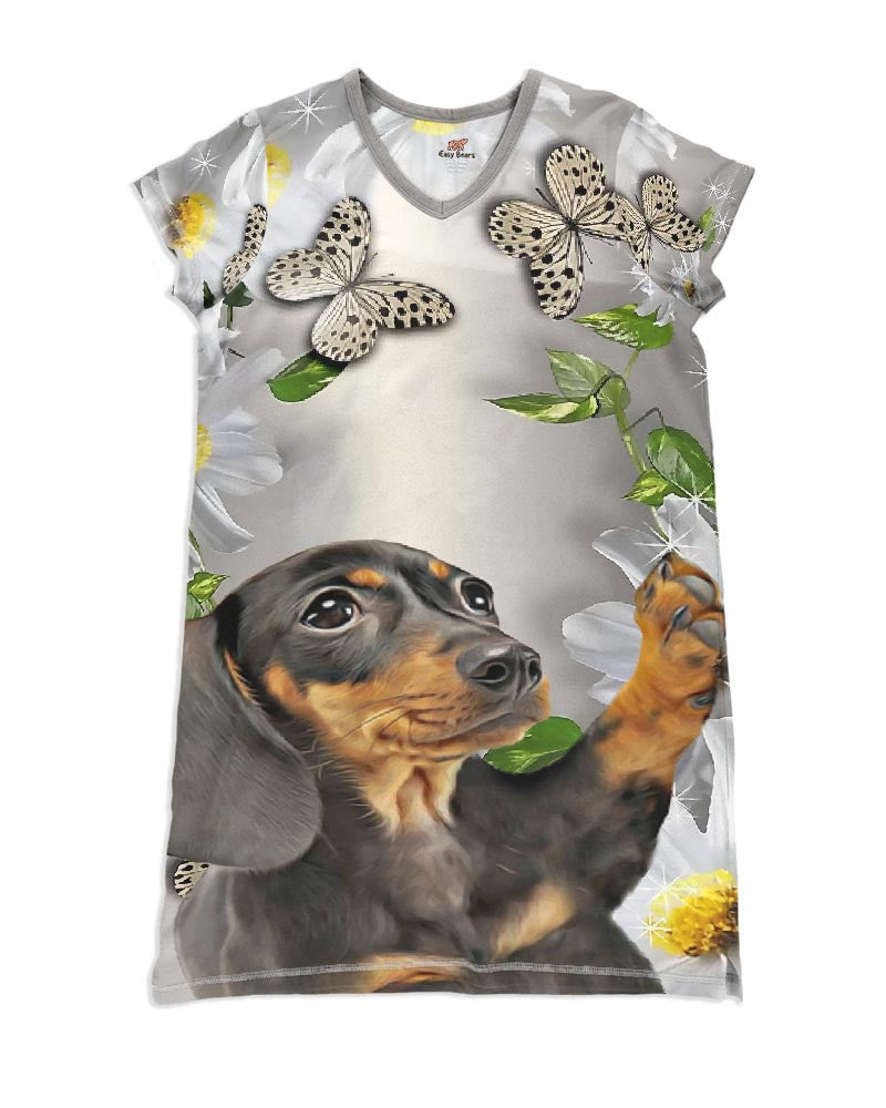 Dachshund ShinefulÂź V-Neck Womenâs Nightshirts With Butterflies Qa55