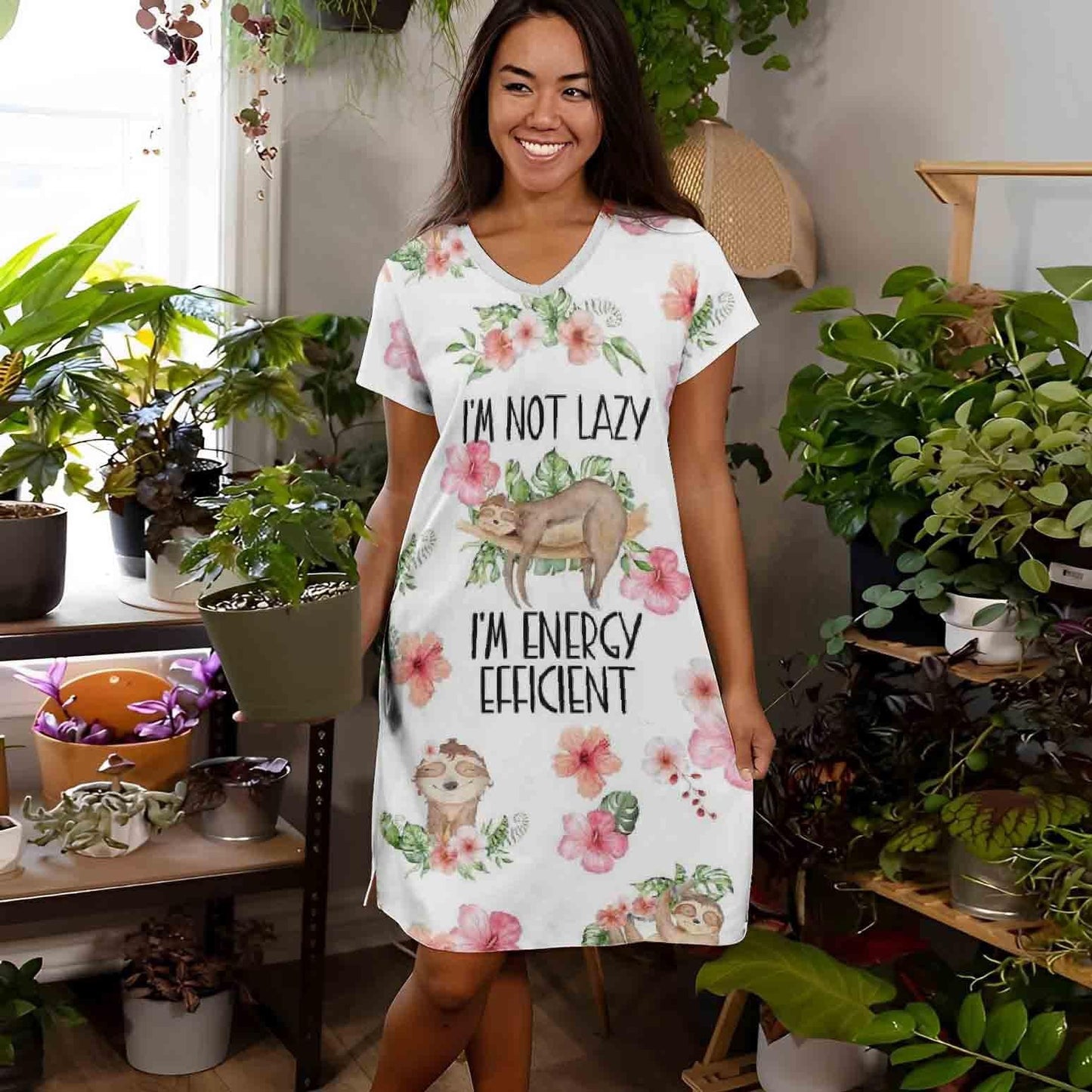 Sloth ShinefulÂź V-Neck Womenâs Nightshirts Iâm Energy Efficient Qa55