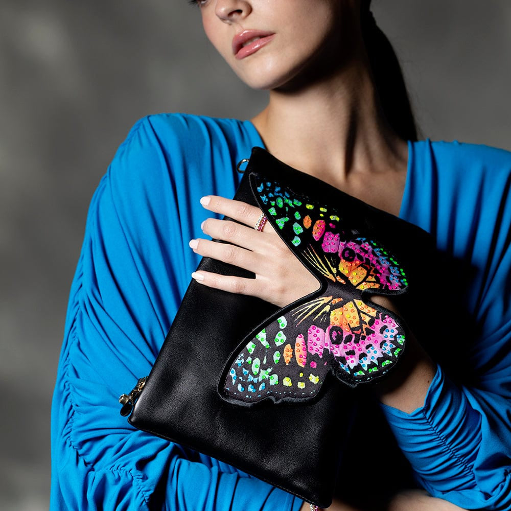 Shineful Flossy Black Soft Leather Clutch Crossbody Bag