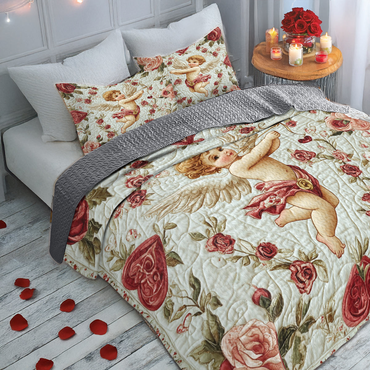 Glänzendes, flaches Druck-All-Season-Quilt-3-teiliges Set - Cupid's Cozy 