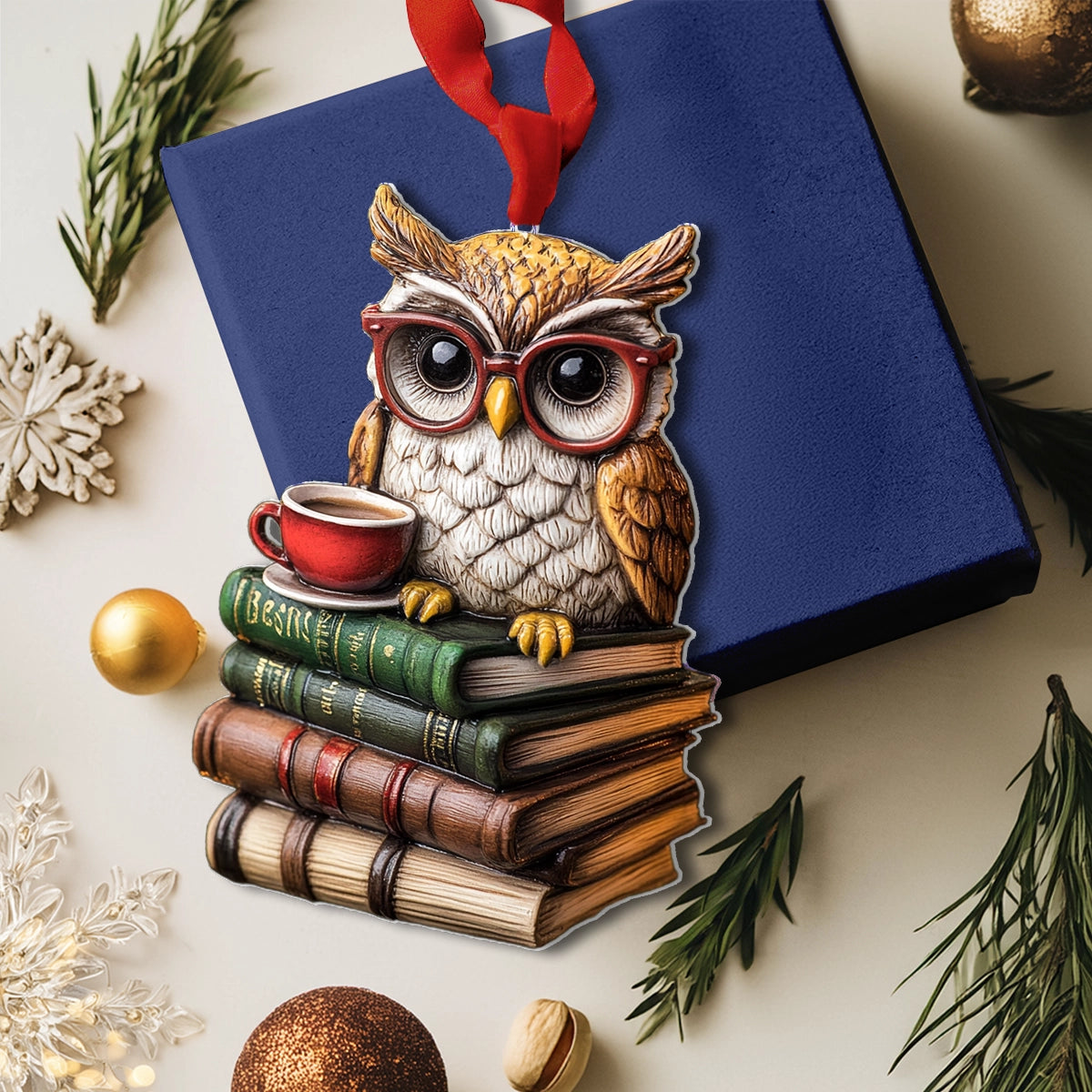 Shineful 2D Acrylic Ornament Reading Sips Owl