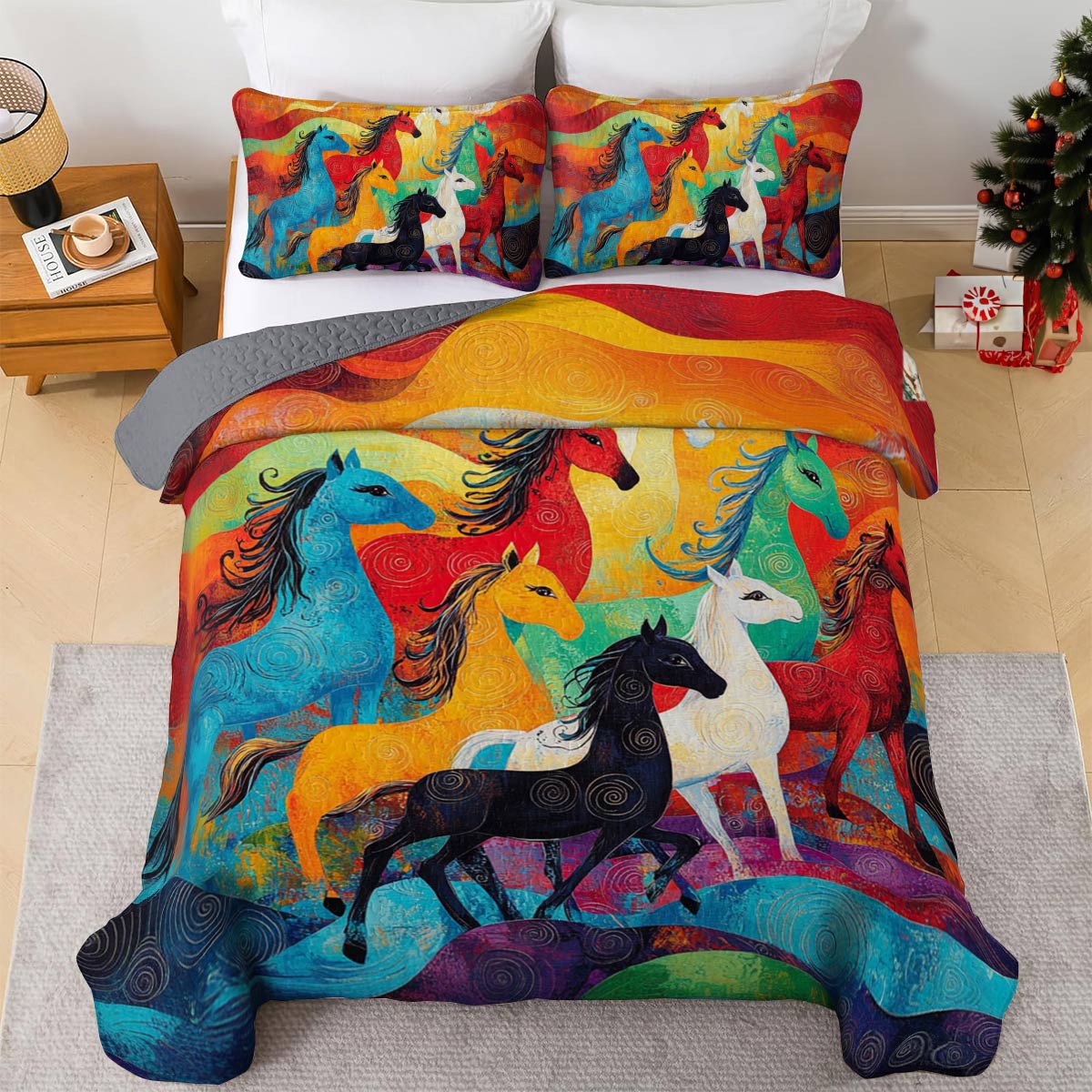 Shineful All Season Quilt 3-Piece Set Colorful Horses Racing