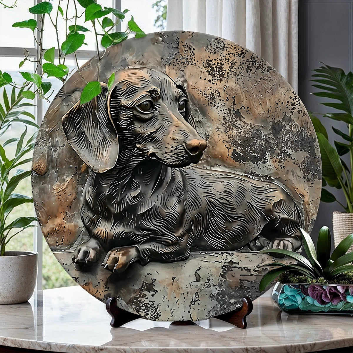 Shineful 2D Wooden Plaque, Hanging Decor, Door Sign - Retro-Style Flat Dachshund Aluminum