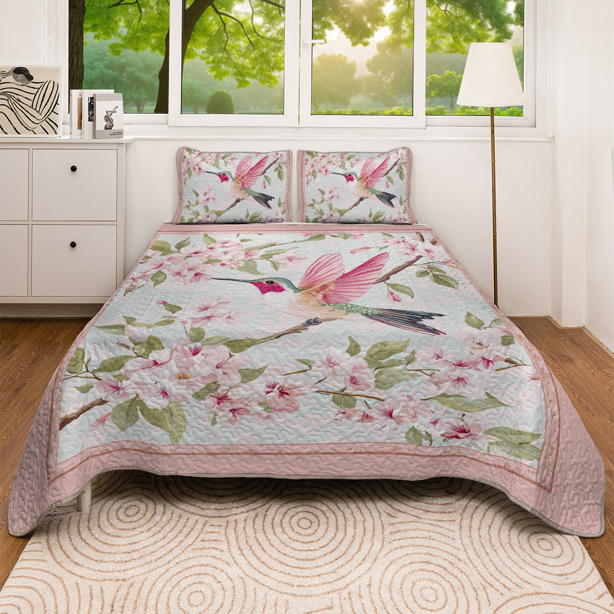 Shineful All Season Quilt 3-Piece Set Floral Hummingbird Springtime