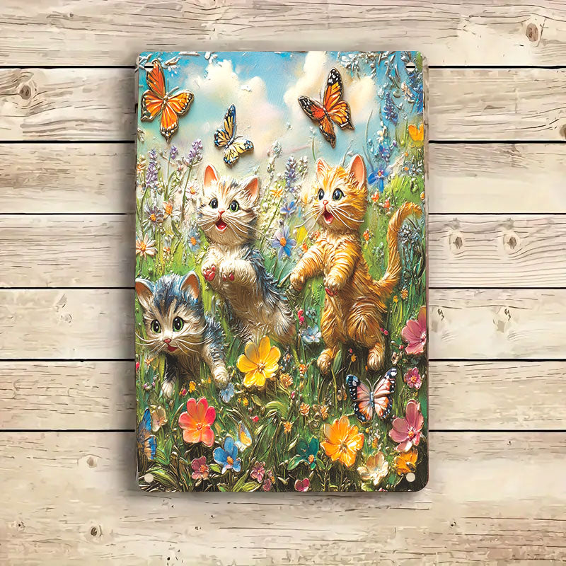 Shineful 2D Flat Print Metal Sign Cute Cats In Flowers Garden