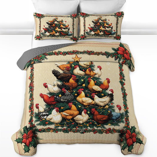 Shineful All Season Quilt 3-Piece Set Chicken Christmas Tree