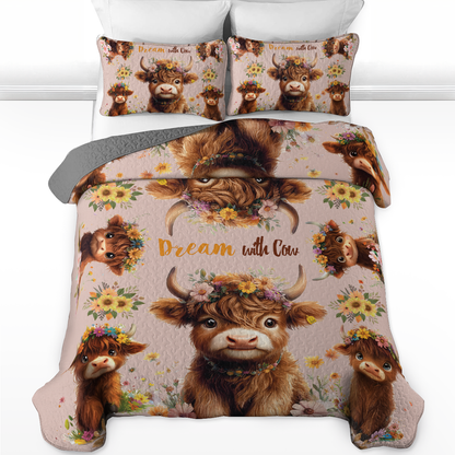 Shineful All Season Quilt 3-Piece Set - Highland Cow With Flowers