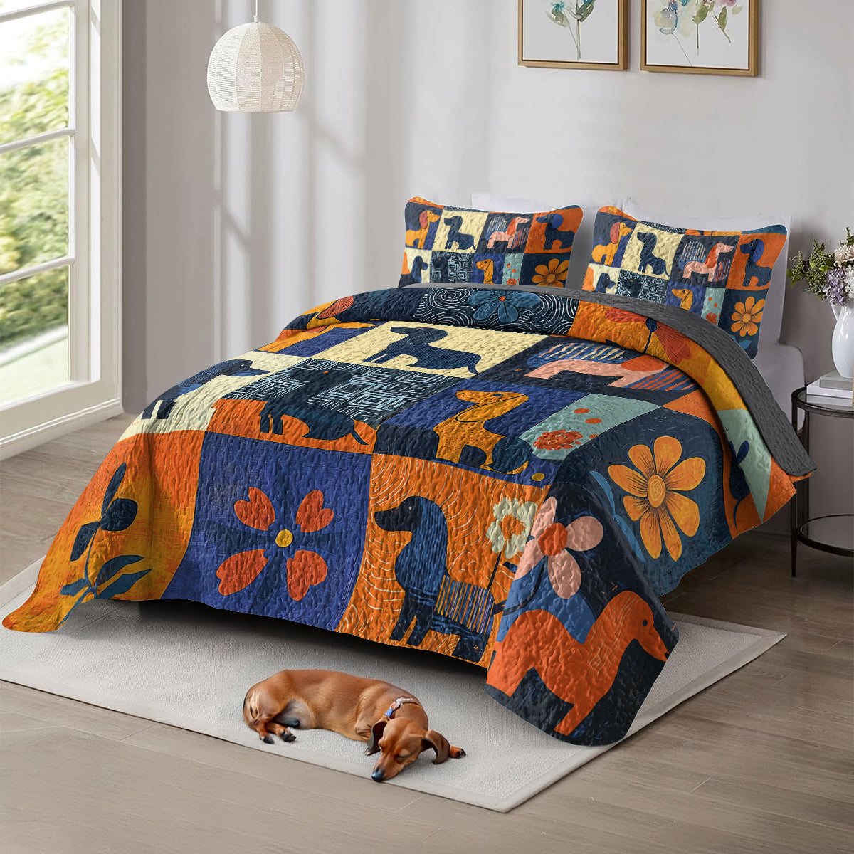 Shineful All Season Quilt 3-Piece Set Vibrant Floral Dachshund