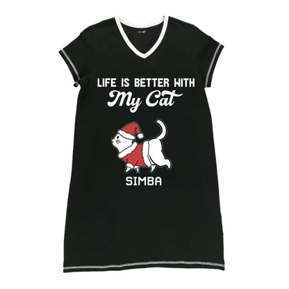 Cat Lovers Pajabears® Personalized Women V-Neck Nightshirt Better Life Walking Lv01 V-Neck