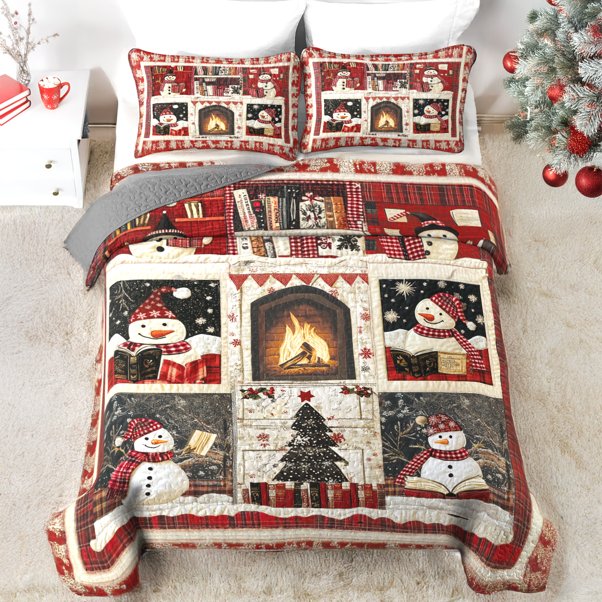 Shineful All Season Quilt 3-Piece Set Snowman Fireside Reading Delight