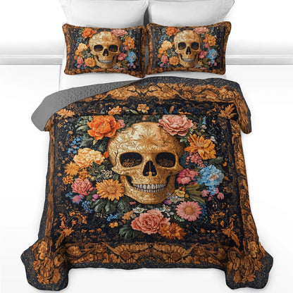 Shineful All Season Quilt 3-Piece Set Ornate Skull Garden