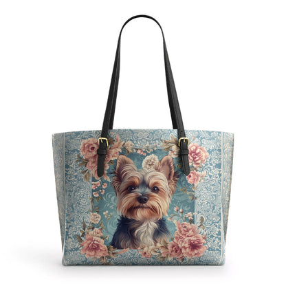 Shineful Leather Tote Bag Yorkie Rose Bloom Elegance