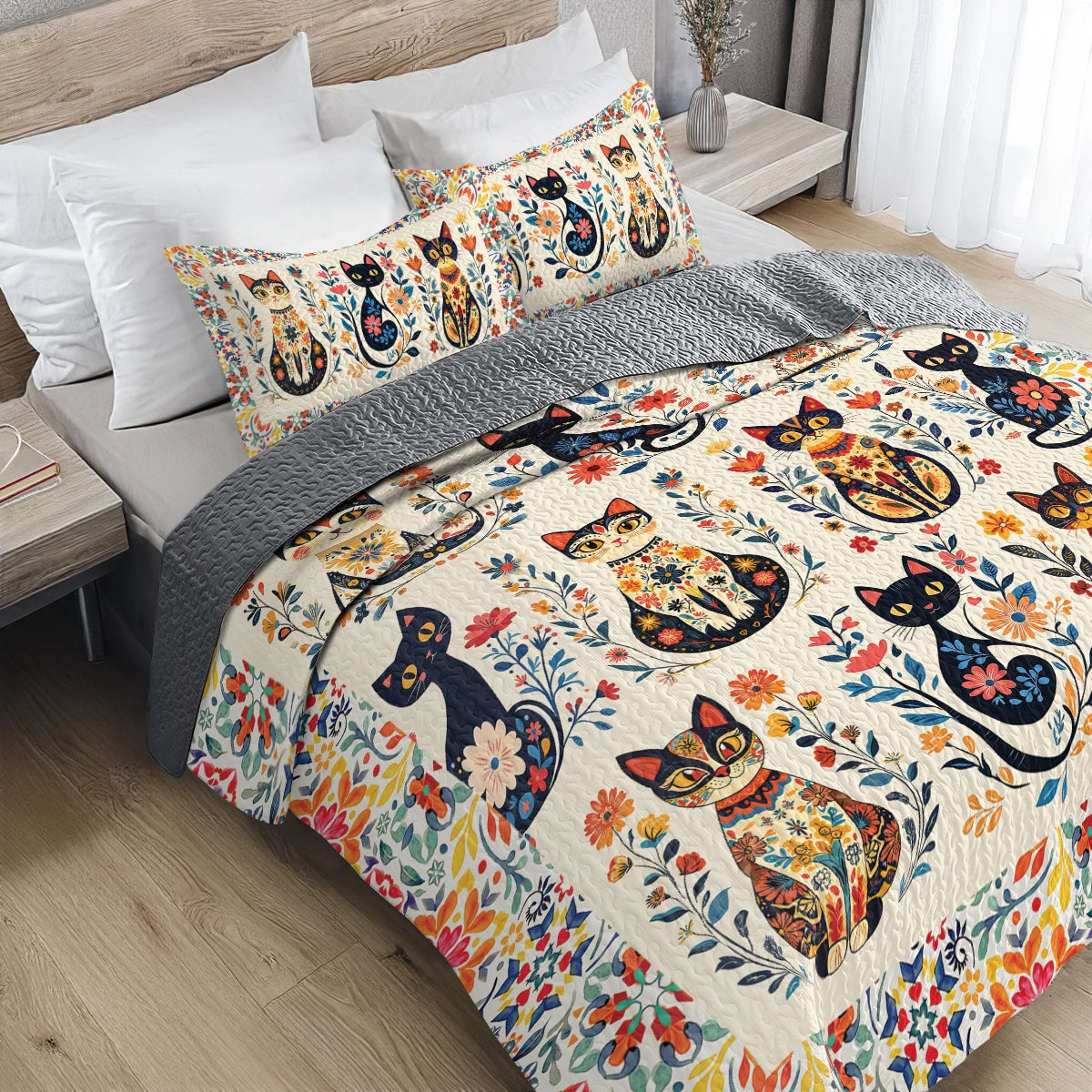 Shineful All Season Quilt 3-Piece Set - Purr-fectly Floral Cat