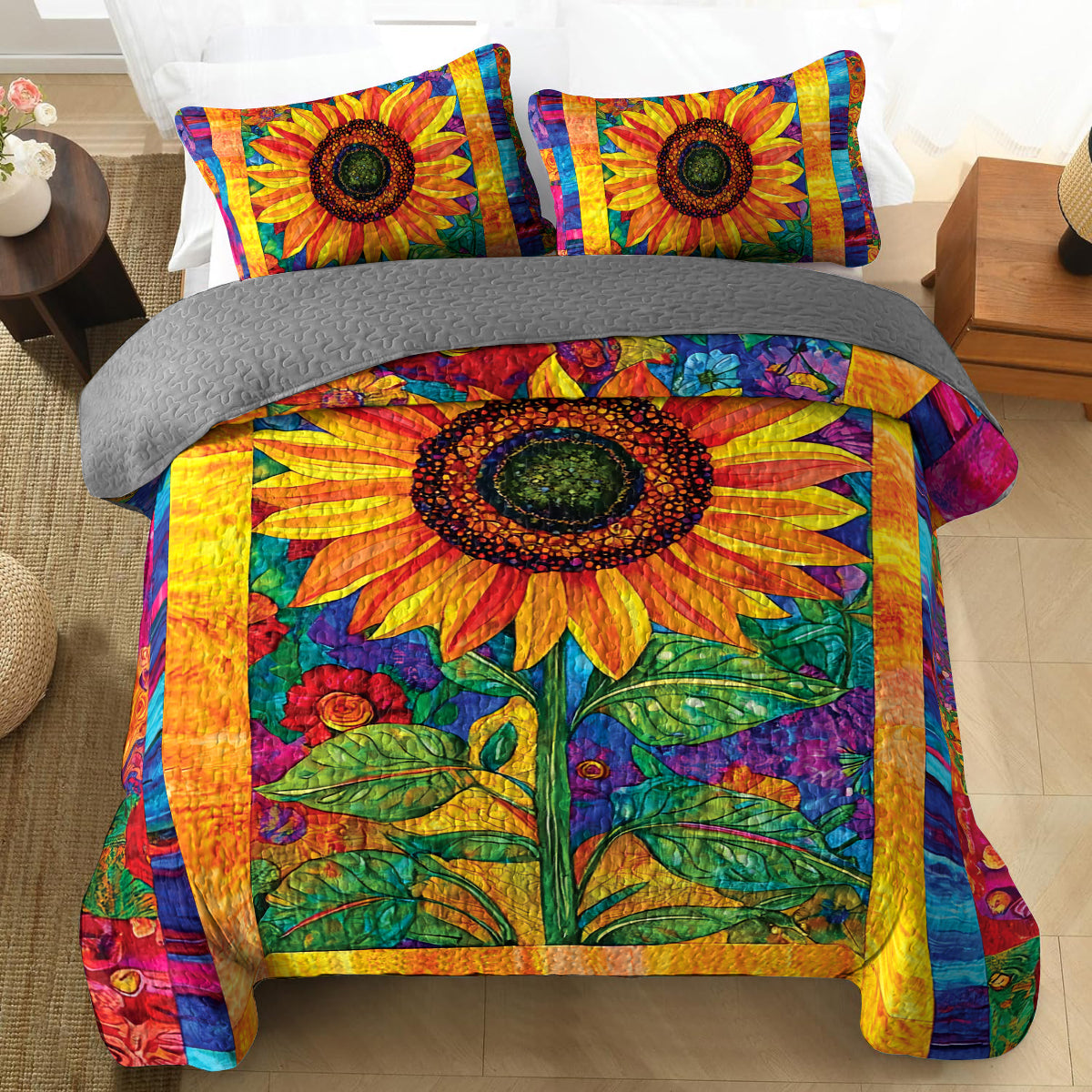 Shineful All Season Quilt 3-Piece Set Colorful Sunflower