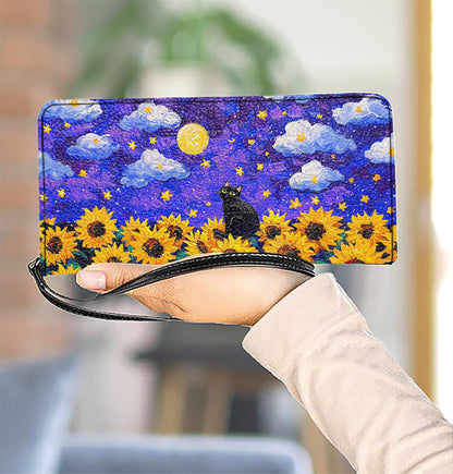 Shineful Leather Clutch Purse With Wristlet Strap Handle Starry Cat With Sunflower