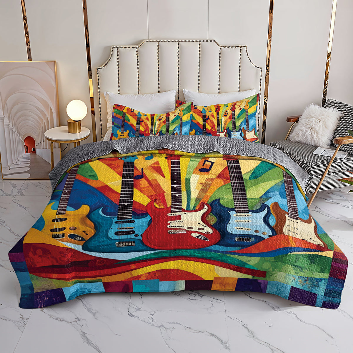 Shineful All Season Quilt 3-Piece Set Colorful Guitars