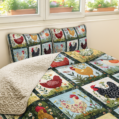 Shineful All Season Quilt 3-Piece Set Charming Chicken Patchwork