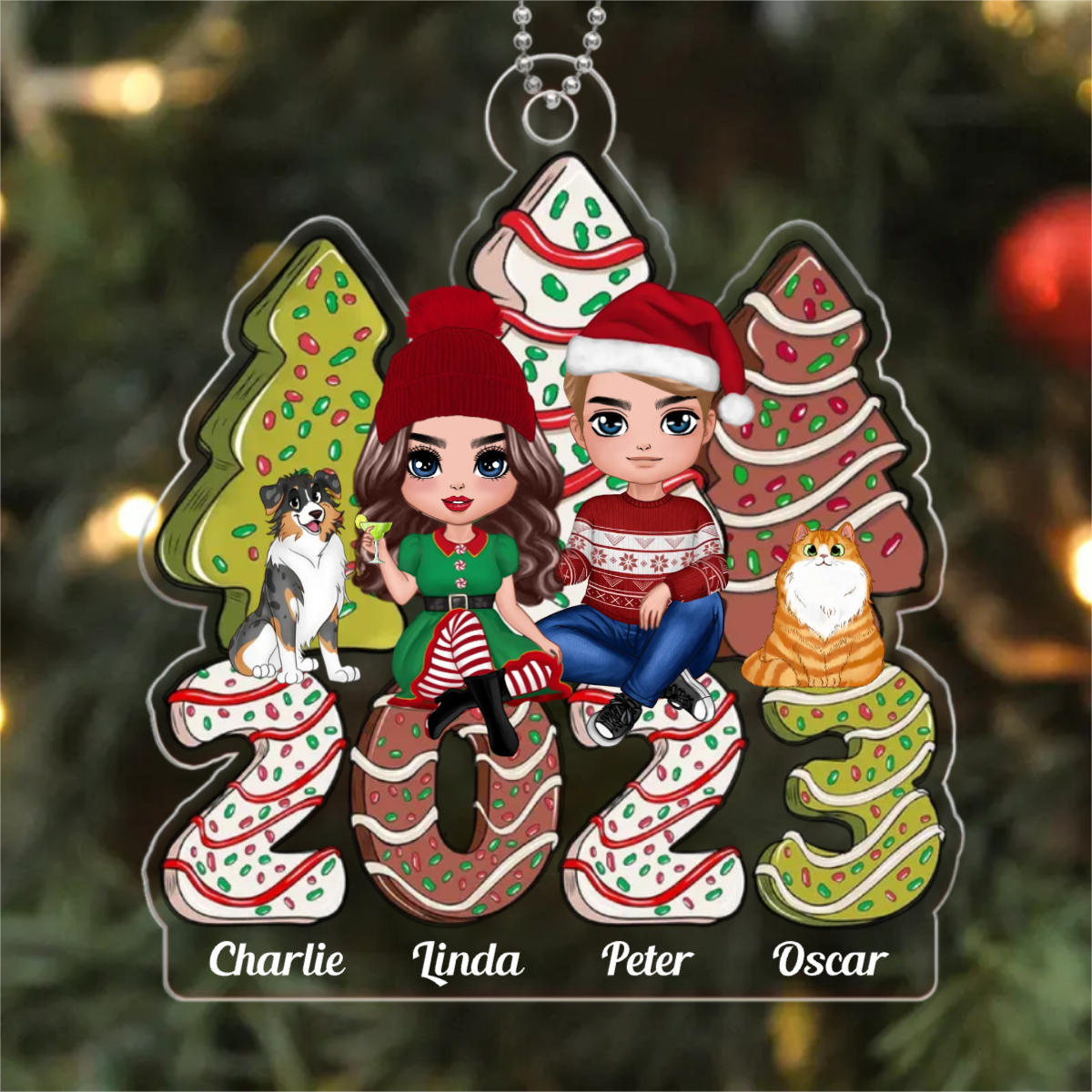 Family Crossed Legs Sitting Christmas Tree Cake Patterned Personalized Acrylic Ornament