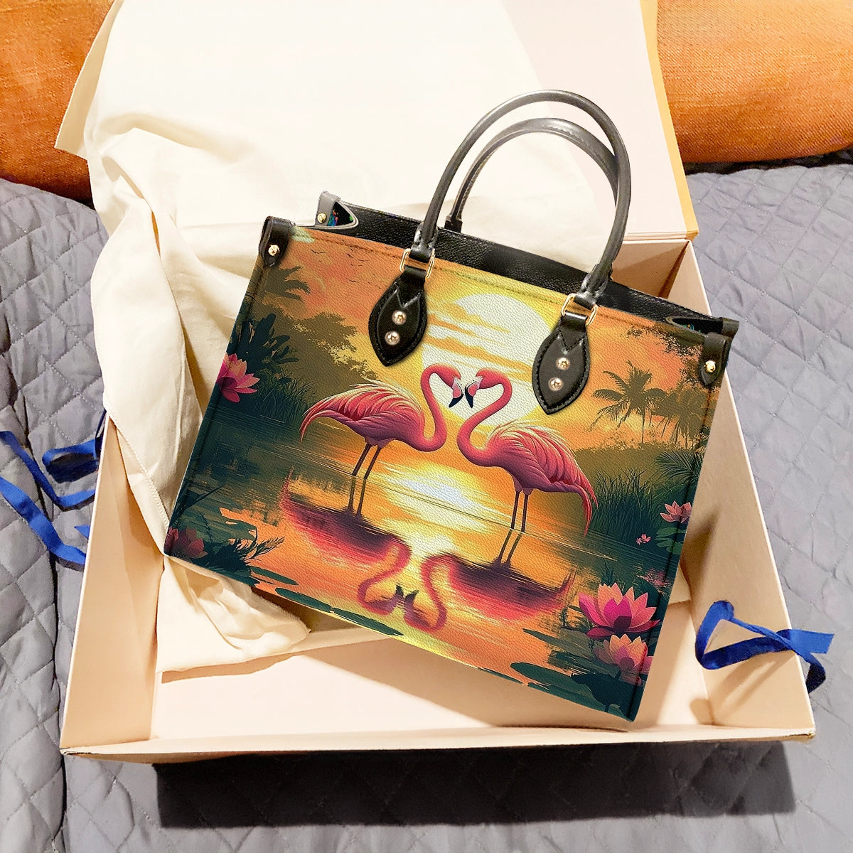 Sac en cuir brillant Flamingo Sunset Love