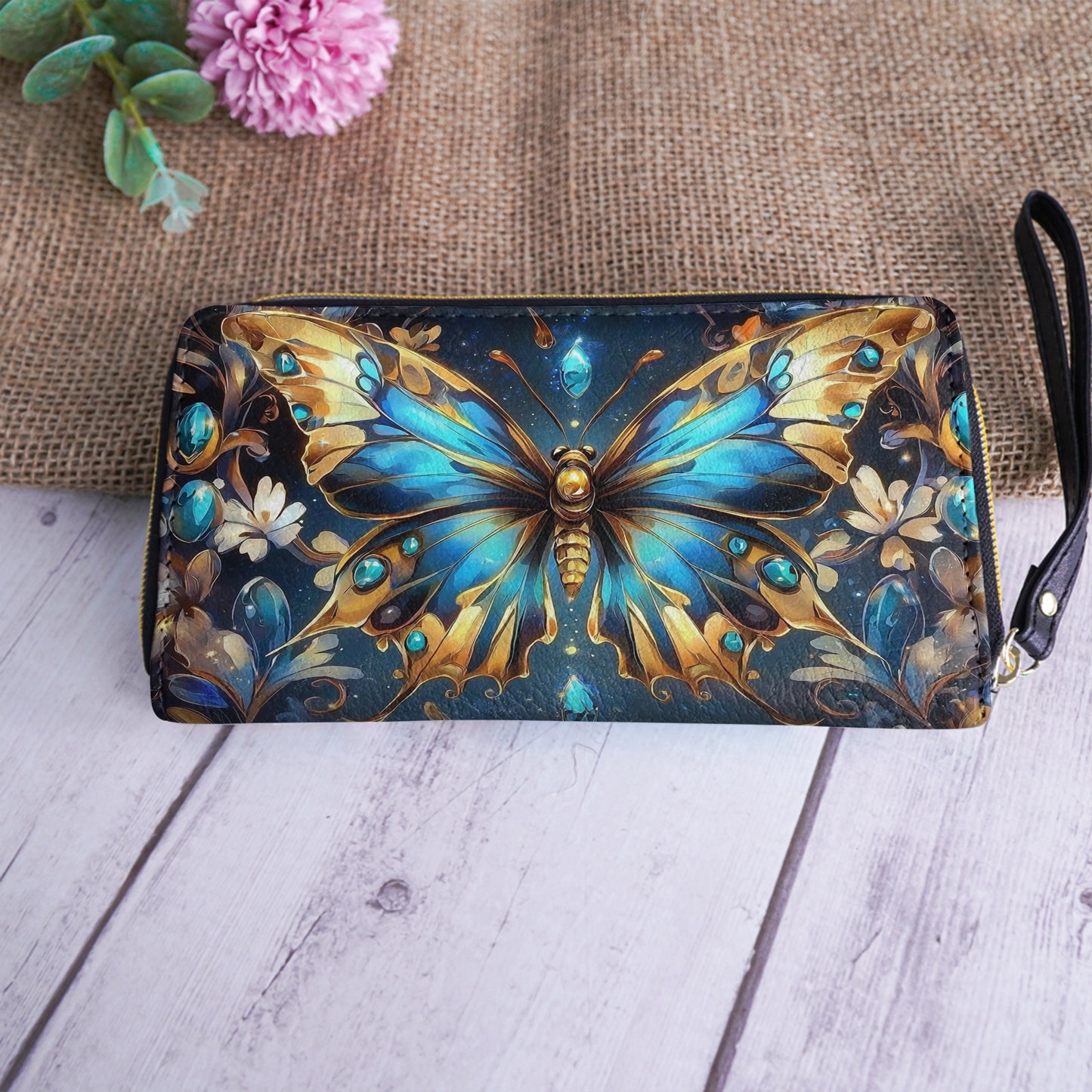 Shineful Leather Clutch Purse With Wristlet Strap Handle Butterfly Ethereal Radiance