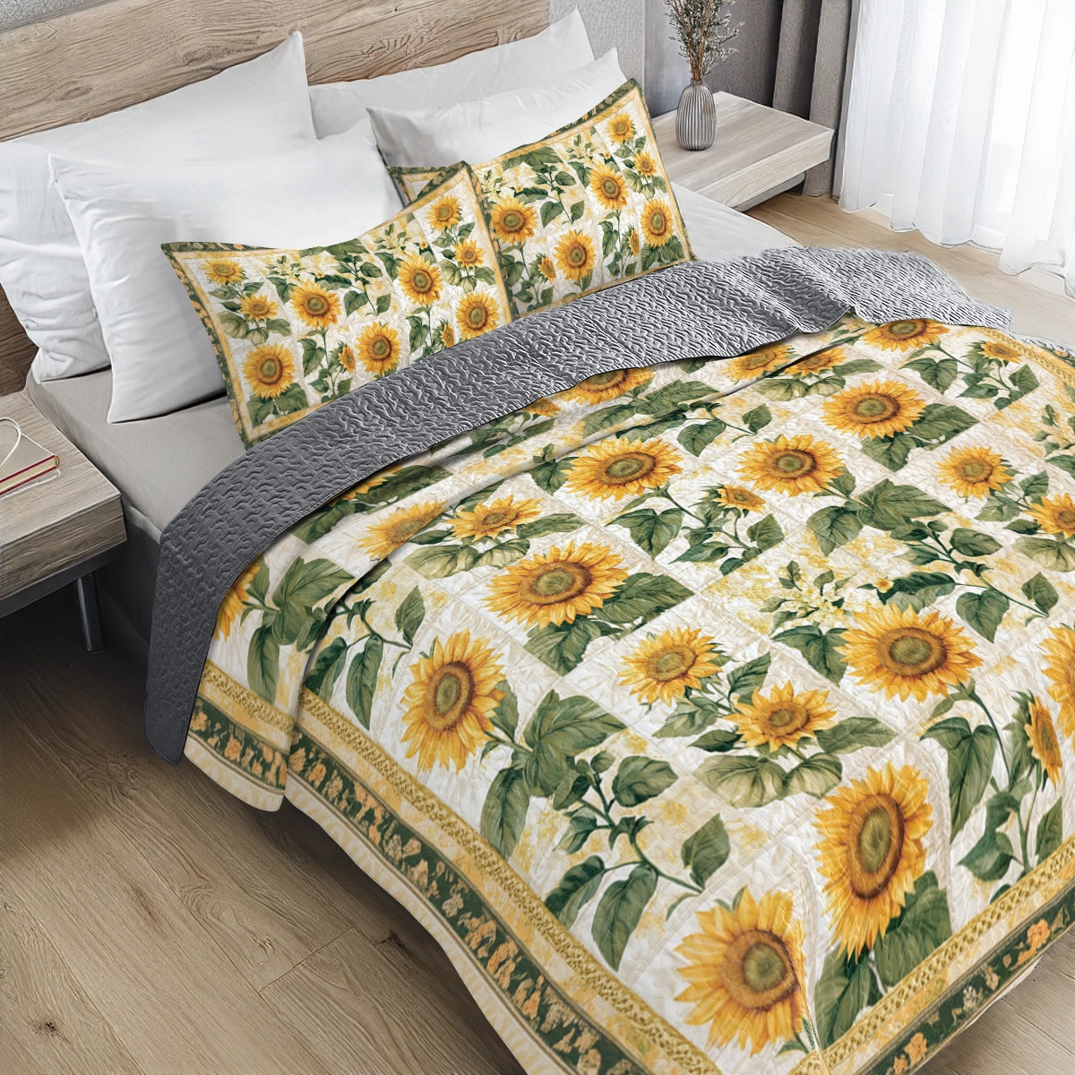 Shineful All Season Quilt 3-Piece Set Vintage Rustic Sunflower Patchwork