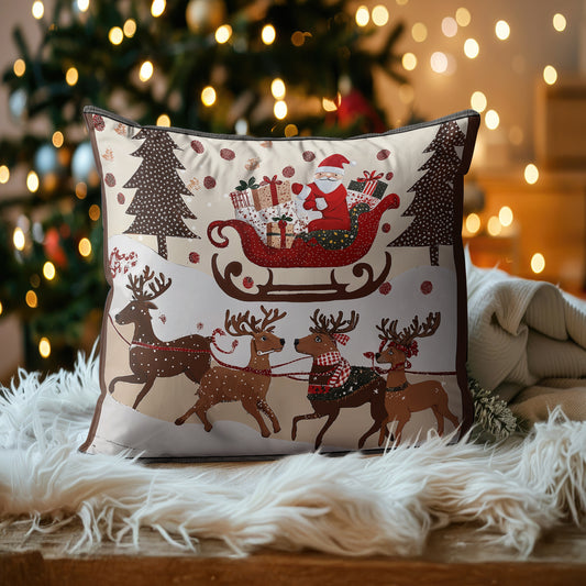 Shineful 2D Print Cushion Cover, Pillowcase, Pillows Covers - Cozy Santa Claus With Reindeer Pulling His Sleigh Full Of Gifts