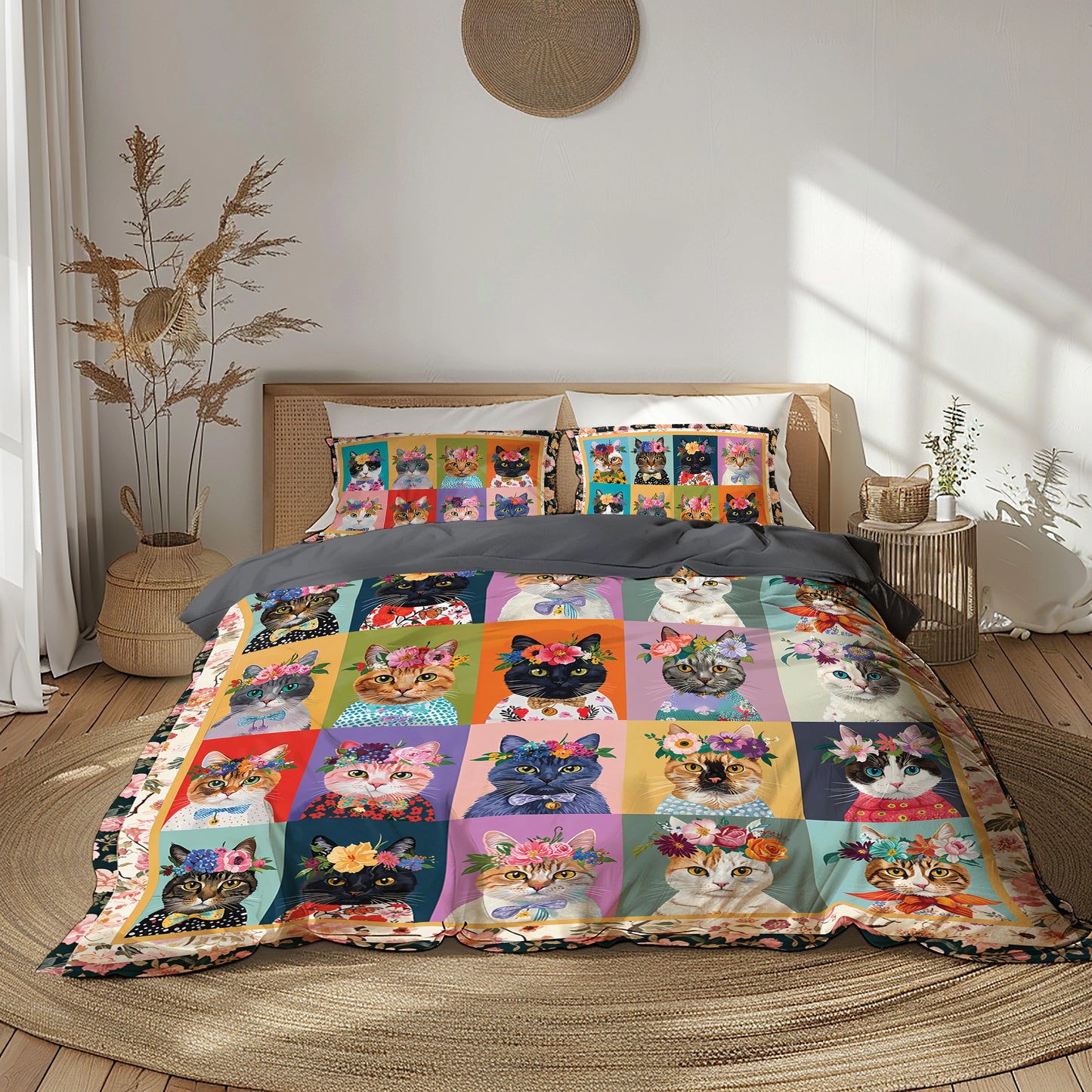 Shineful 3 Pieces Duvet Cover Set Floral Cat Fantasy