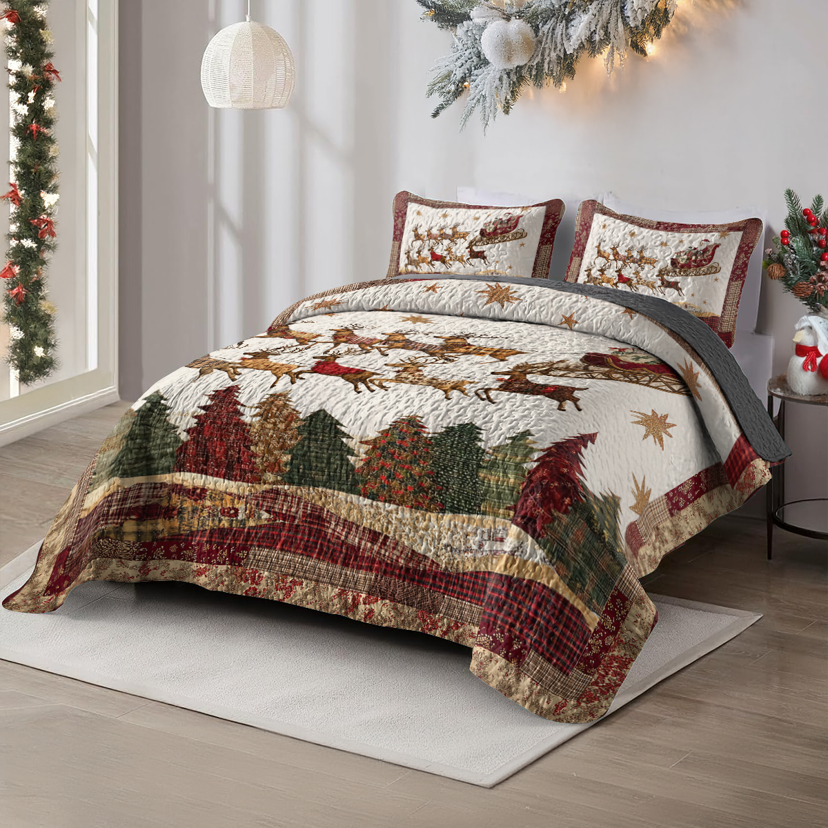 Shineful All Season Quilt 3-Piece Set Magical Santa Sleigh