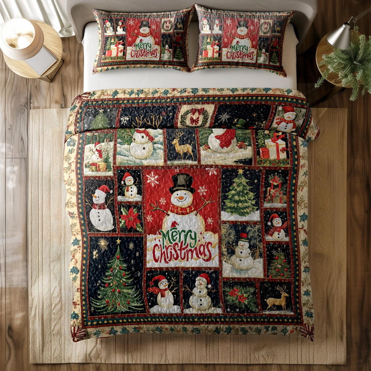 Shineful All Season Quilt 3-teiliges Set Merry Snowman Christmas