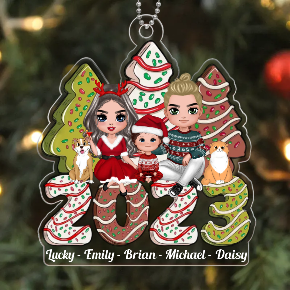 Family Crossed Legs Sitting Christmas Tree Cake Patterned Personalized Acrylic Ornament