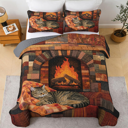 Shineful All Season Quilt 3-Piece Set Cozy Cat By The Fireplace