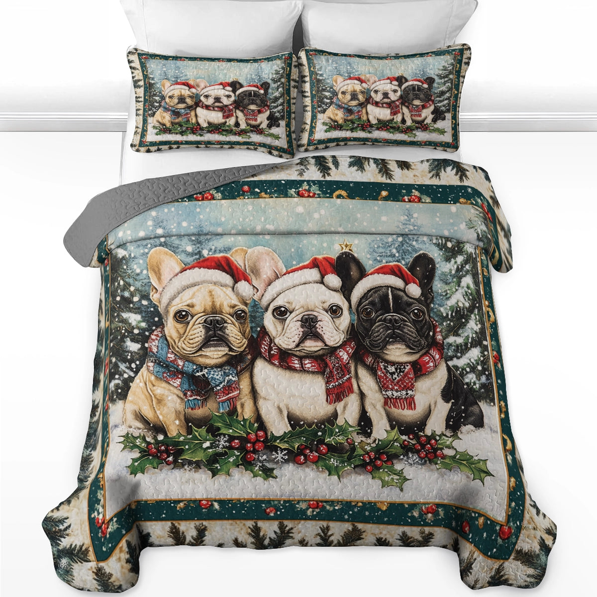 Shineful All Season Quilt 3-Piece Set - Santa's Little Frenchies