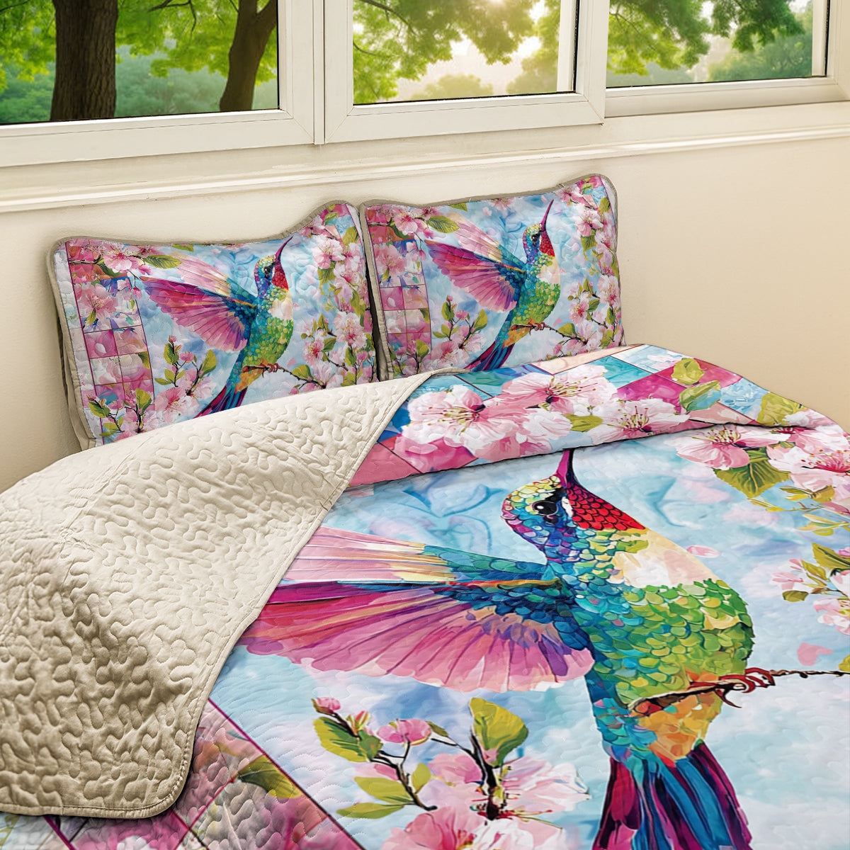 Shineful All Season Quilt 3-teiliges Set mit Blumenmuster und bunten Kolibri-Motiven