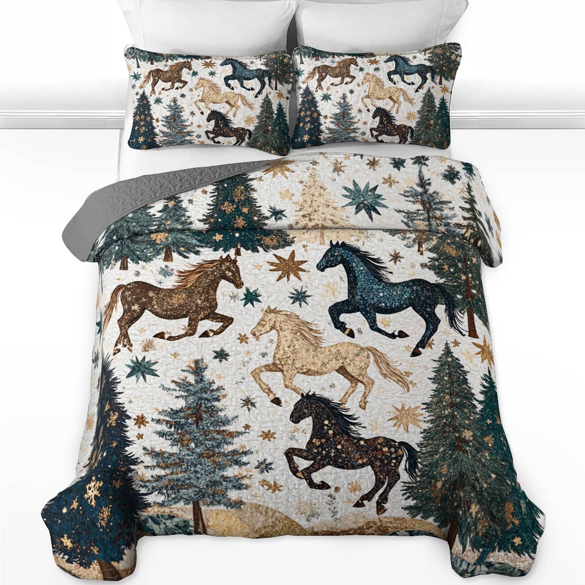 Shineful All Season Quilt 3-Piece Set Charming Horse Christmas Tree