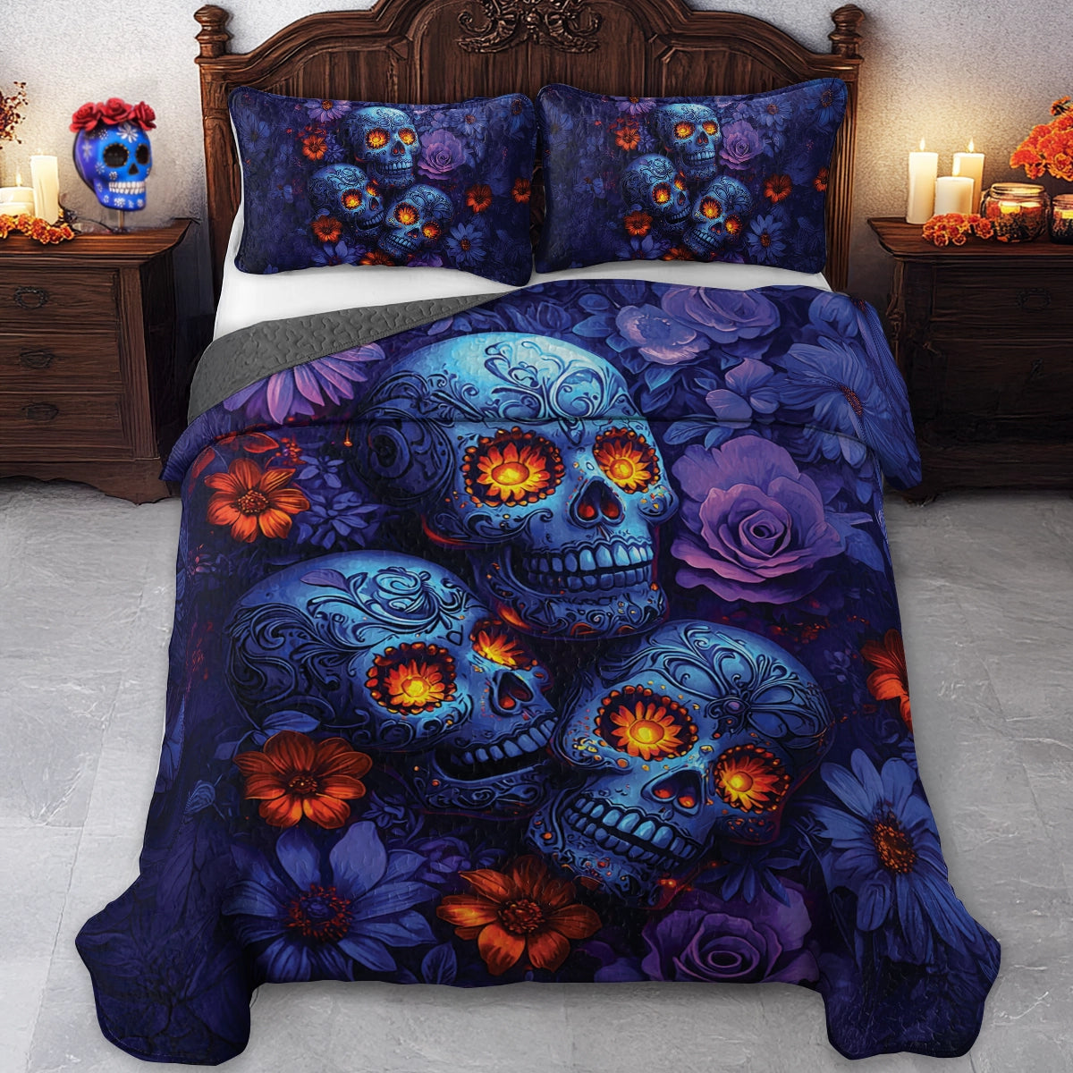 Shineful All Season Quilt 3-Piece Set - Midnight Sugar Skull