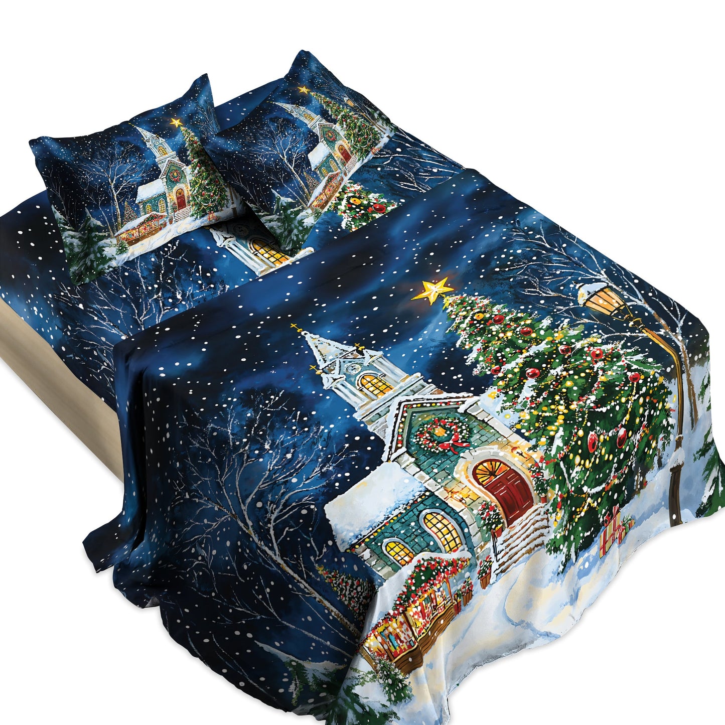 Shineful 4-Piece Bed Sheet Set - Christmas Church Serenity