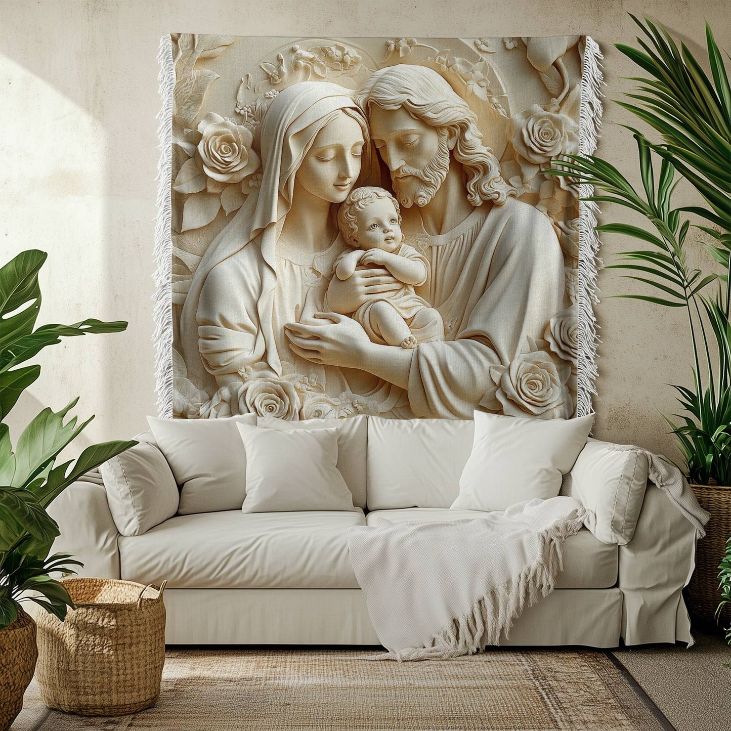 Shineful Woven Tapestry Throw Blanket Holy Family Rose