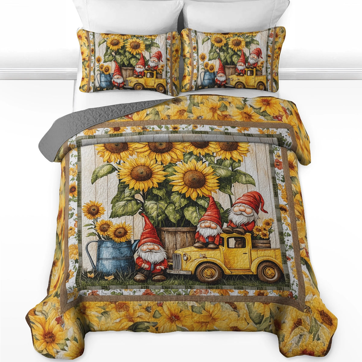 Ensemble de courtepointe toutes saisons Shineful 3 pièces Gnome Sweet Gnome Sunflower